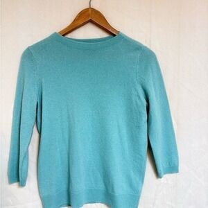 Talbots Pure Cashmere Sweater Aqua Blue Crew Neck 3/4 Sleeve Knit Top Womens M